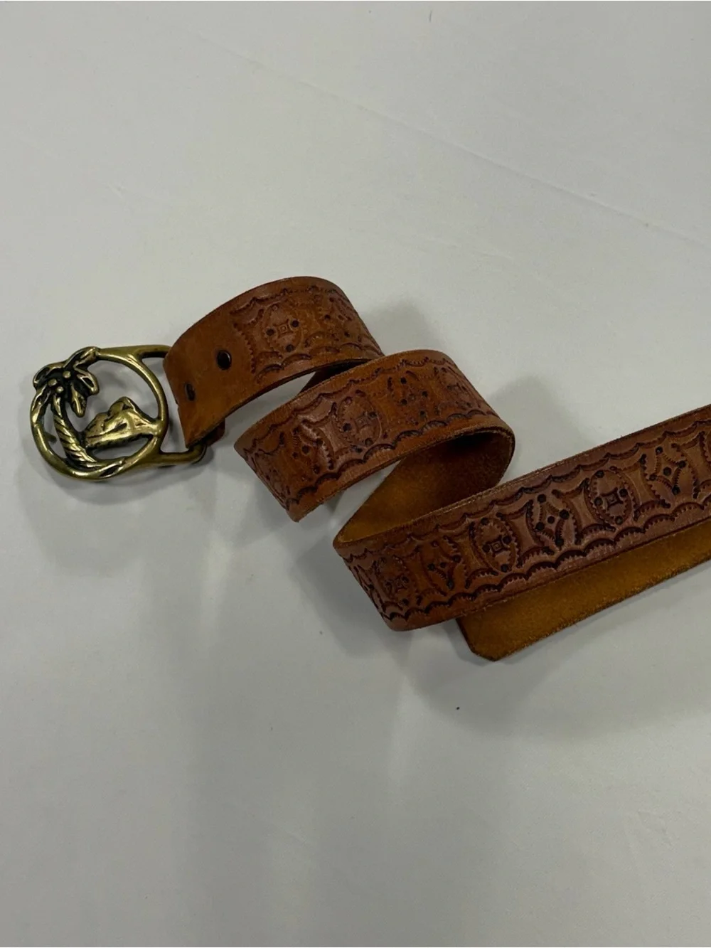 Vintage Tooled Leather Belt Brown Solid Brass Palm Tree Island Buckle Size 36